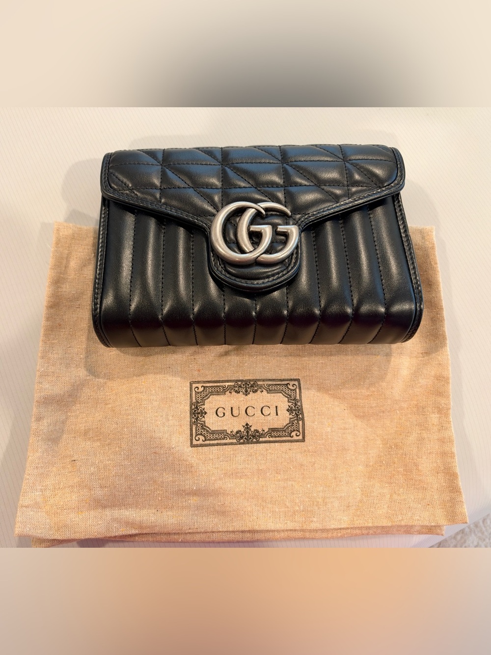 Gucci Black Quilted Leather Mini Bag Chain with Silver GG